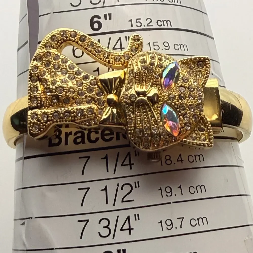 Charming Vintage Geneva Rhinestone Cat Bangle Watch Working New Battery